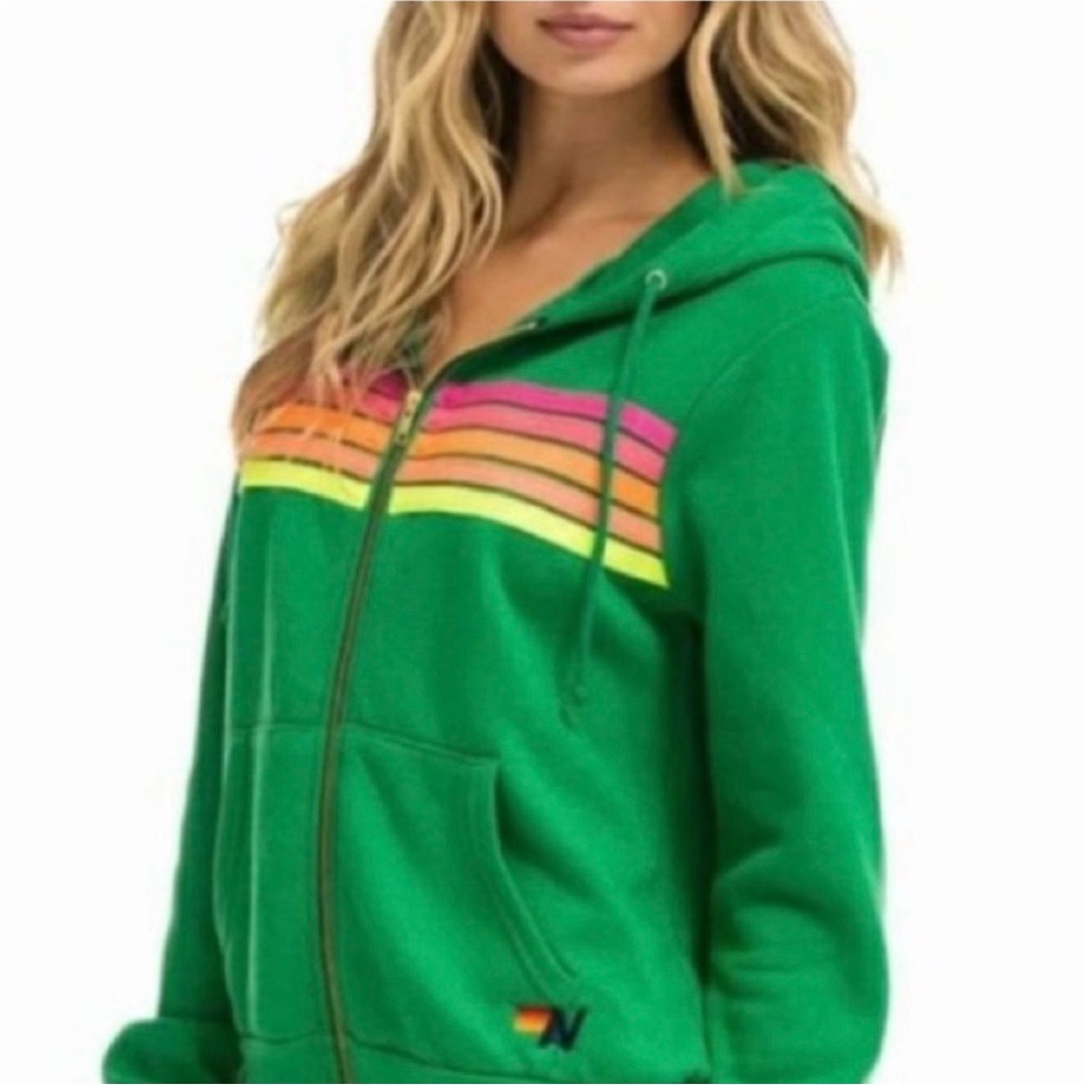 Aviator Nation Green Hoodie with Multicolor Stripes